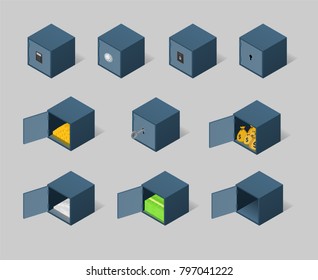 Isometric safe set. Closed and opened metal boxes with gold, cash, money and securities