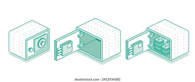 Isometrisches Safe-Set mit offenen und geschlossenen Türen. Umrissobjekt isoliert auf weißem Hintergrund. Vektorillustration. Ikone der Sicherheit. Tresor aus verschiedenen Blickwinkeln dargestellt. Geld drinnen.