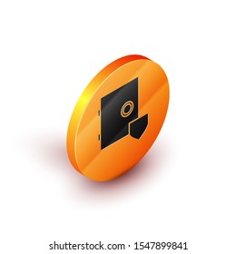 Isometric Safe with shield icon isolated on white background. Insurance concept. Security, safety, protection, protect concept. Orange circle button. Vector Illustration