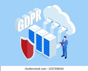 Isometric safety business. General data protection regulation GDPR concept. Idea of data protection. Online safety and privacy. Protection software, finance security