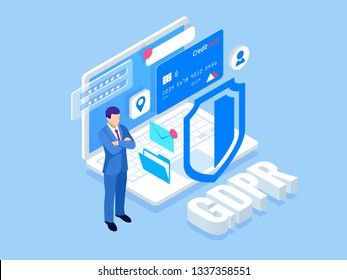 Isometric safety business. General data protection regulation GDPR concept. Idea of data protection. Online safety and privacy. Protection software, finance security