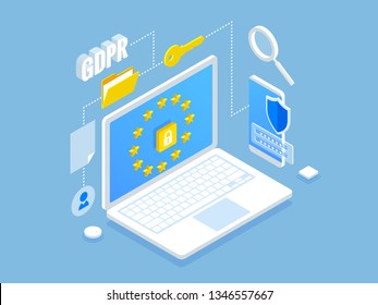 Isometric safety business. General data protection regulation GDPR concept. Idea of data protection. Online safety and privacy. Protection software, finance security