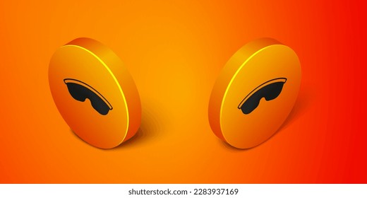Icono de gafas de seguridad isométrica aislado en el fondo naranja. Botón de círculo naranja. Vector