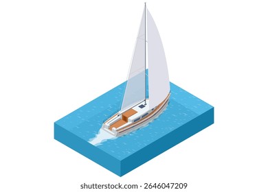 Isometric sailing yacht moving on blue water. Sailboat has a large white sail, a wooden deck, and is leaving a wake behind as it sails. Concept of travel, luxury, marine transport, or summer vacation.