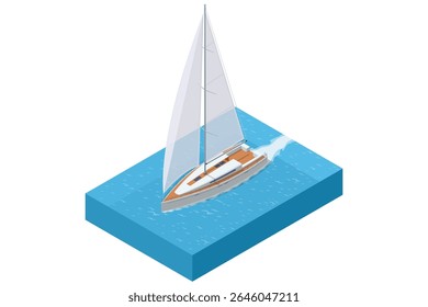 Isometric sailing yacht moving on blue water. Sailboat has a large white sail, a wooden deck, and is leaving a wake behind as it sails. Concept of travel, luxury, marine transport, or summer vacation.