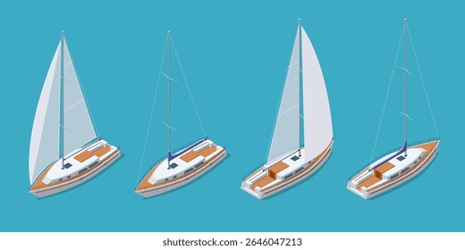 Isometric sailing yacht moving on blue water. Sailboat has a large white sail, a wooden deck, and is leaving a wake behind as it sails. Concept of travel, luxury, marine transport, or summer vacation.