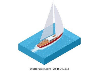 Isometric sailing yacht moving on blue water. Sailboat has a large white sail, a wooden deck, and is leaving a wake behind as it sails. Concept of travel, luxury, marine transport, or summer vacation.
