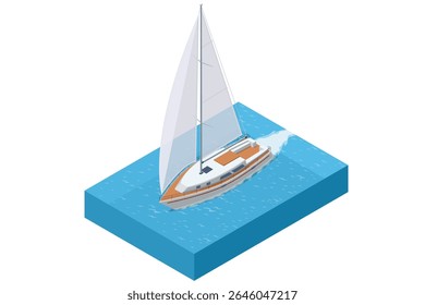 Isometric sailing yacht moving on blue water. Sailboat has a large white sail, a wooden deck, and is leaving a wake behind as it sails. Concept of travel, luxury, marine transport, or summer vacation.