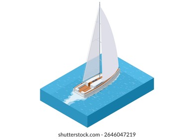 Isometric sailing yacht moving on blue water. Sailboat has a large white sail, a wooden deck, and is leaving a wake behind as it sails. Concept of travel, luxury, marine transport, or summer vacation.