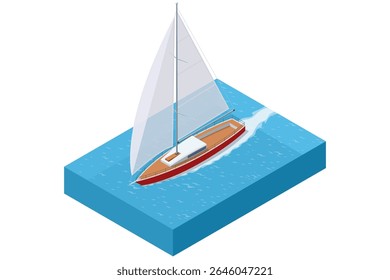 Isometric sailing yacht moving on blue water. Sailboat has a large white sail, a wooden deck, and is leaving a wake behind as it sails. Concept of travel, luxury, marine transport, or summer vacation.