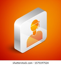Isometric Sailor captain icon isolated on orange background. Silver square button. Vector Illustration