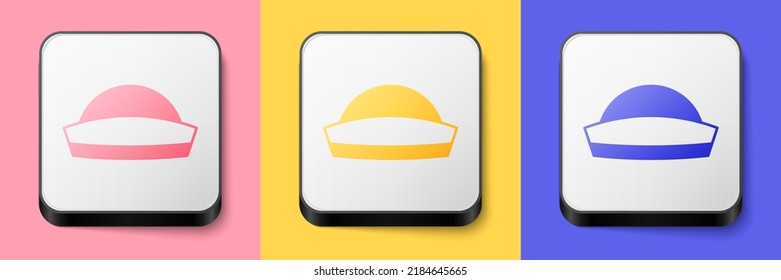 Isometric Sailor hat icon isolated on pink, yellow and blue background. Square button. Vector