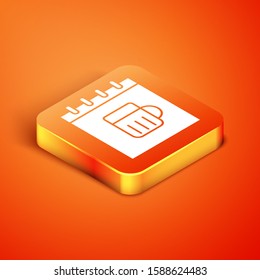 Isometric Saint Patricks day with calendar icon isolated on orange background. Four leaf clover symbol. Date 17 March.  Vector Illustration