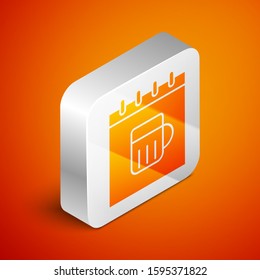 Isometric Saint Patricks day with calendar icon isolated on orange background. Four leaf clover symbol. Date 17 March. Silver square button. Vector Illustration