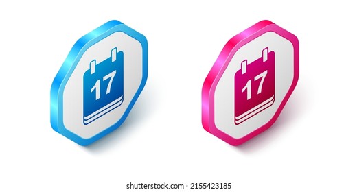 Isometric Saint Patricks day with calendar icon isolated on white background. Date 17 March. Hexagon button. Vector