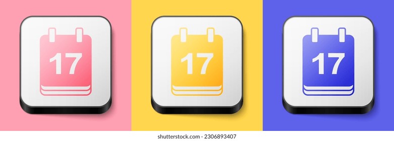 Isometric Saint Patricks day with calendar icon isolated on pink, yellow and blue background. Date 17 March. Square button. Vector