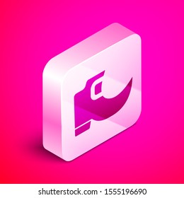 Isometric Saint Patricks day irish tradition leprechaun boots icon isolated on pink background. Silver square button. Vector Illustration