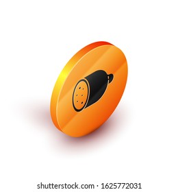 Isometric Salami sausage icon isolated on white background. Meat delicatessen product. Orange circle button. Vector Illustration