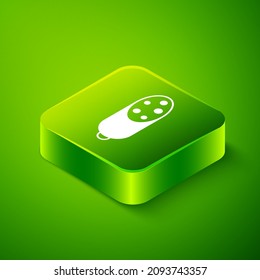 Isometric Salami sausage icon isolated on green background. Meat delicatessen product. Green square button. Vector