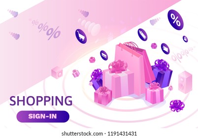 Isometric sale design, online offer concept for ecommerce discount campaign, cyber monday or black friday landing page template, 3d vector illustration with violet box, people purchasing gifts