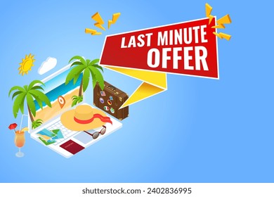 Isometric Sale Timer tag. Sale banner or Promotion. Red Last Minute Offer button sign, Bag, passport, camera, tickets and Passenger airplane. Luxury vacation.