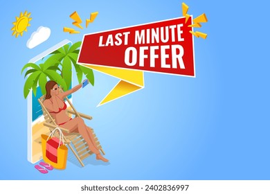 Isometric Sale Timer tag. Sale banner or Promotion. Red Last Minute Offer button sign, Bag, passport, camera, tickets and Passenger airplane. Luxury vacation.