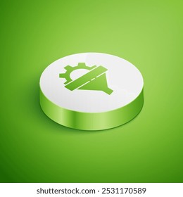 Isometric Sales funnel with arrows for marketing and startup business icon isolated on green background. Infographic template. White circle button. Vector Illustration