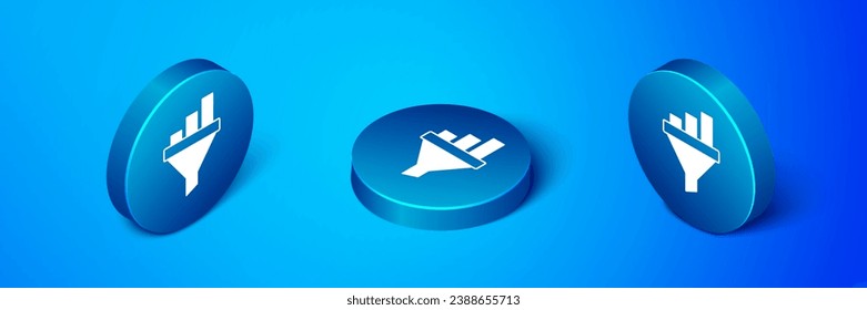 Isometric Sales funnel with chart for marketing and startup business icon isolated on blue background. Infographic template. Blue circle button. Vector