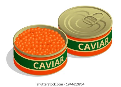 Isometric Salmon Red Caviar. Iron Can With Red Salmon Caviar. Raw Seafood. Luxury Delicacy Food. Caviar In Open Metal Tin