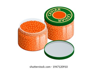Isometric Salmon Red Caviar. Raw seafood. Luxury delicacy food. Glass jar with red caviar of pink salmon Delicatessen. Gourmet food.