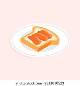 Isometric salmon toast icon. Tasty healthy breakfast. Delicious open sandwich with smoked fish slices and cream cheese. Vector illustration isolated.