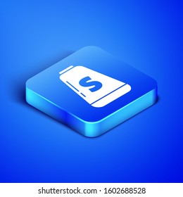 Isometric Salt icon isolated on blue background. Cooking spices. Blue square button. Vector Illustration