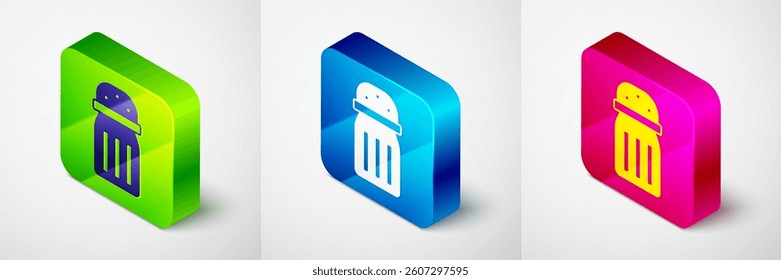 Isometric Salt icon isolated on grey background. Cooking spices. Square button. Vector