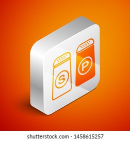 Isometric Salt and pepper icon isolated on orange background. Cooking spices. Silver square button. Vector Illustration