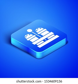 Isometric Salt and pepper icon isolated on blue background. Cooking spices. Blue square button. Vector Illustration