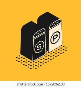 Isometric Salt and pepper icon isolated on yellow background. Cooking spices.  Vector Illustration