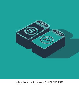 Isometric Salt and pepper icon isolated on green background. Cooking spices.  Vector Illustration
