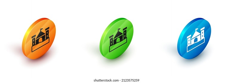 Isometric Sand castle icon isolated on white background. Circle button. Vector