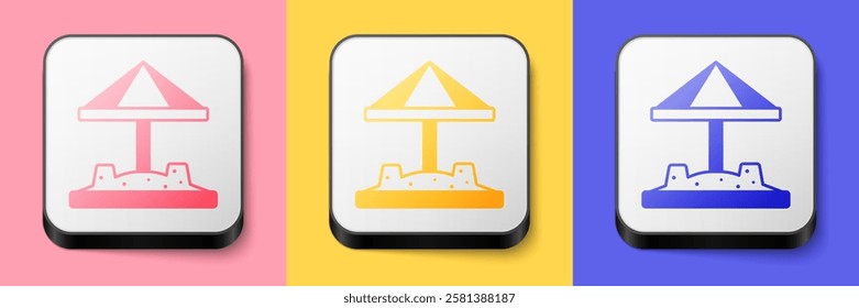 Isometric Sandbox for kids with sand and umbrella icon isolated on pink, yellow and blue background. Square button. Vector