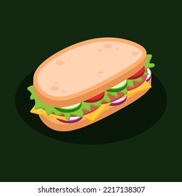 Isometric sandwich with bread, ham, tomato, cheese, cucumber, onion, and lettuce. Delicious fast food concept. Breakfast or lunch dish. Cartoon meal icon. Vector graphic design cuisine illustration.