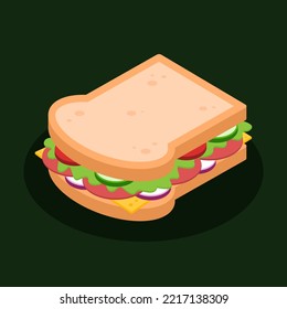 Sándwich isométrico con pan, jamón, tomate, queso, pepino, cebolla y lechuga. Delicioso concepto de comida rápida. Desayuno o almuerzo. Icono de harina de dibujos animados. Ilustración de la cocina de diseño gráfico vectorial.