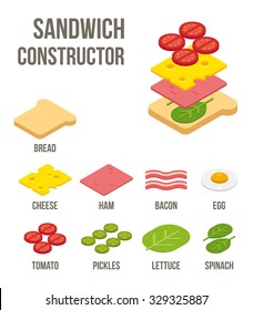 Isometric sandwich ingredients: bread, cheese, meats and vegetables. Isolated flat vector illustration.