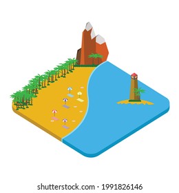 Isometric sandy beach PNG design with lighthouse and mountain. Sandy beach vector with the isometric landscape shape. Beach with a lighthouse and coconut trees in the summertime.