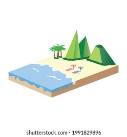 Isometric sandy beach vector design with the green hills. Sandy beach PNG with isometric landscape shape. Beach with the blue sea and coconut trees in the summertime.