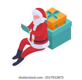Isometric Santa Claus. Christmas santa character with gift boxes, Santa holding digital tablet 3d vector illustration. Christmas holiday Santa Claus character