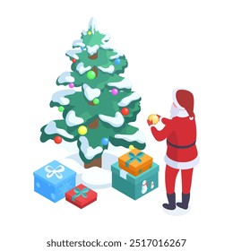 Isometric Santa Claus decorating xmas tree. Christmas character with fir tree decorations, Santa winter holidays preparation 3d vector illustration. Christmas tree decoration