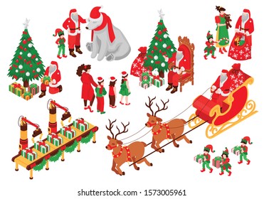 Isometric santa claus elf merry christmas set of isolated human characters reindeers children and new year trees vector illustration