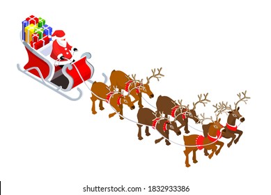 Isometric Santa Claus Abuelo Frost on Sleigh Reindeer con muchos regalos. Año Nuevo, concepto de Navidad Icono de diseño plano 