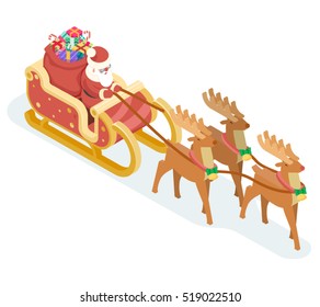 Isometric Santa Claus Grandfather Frost Sleigh Reindeer Gifts Bag New Year Christmas Flat Design Icon Template Vector Illustration