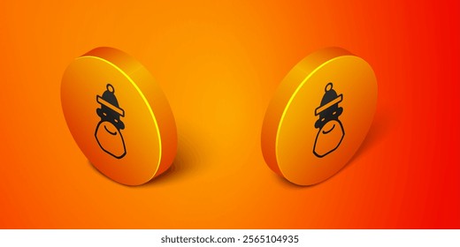 Isometric Santa Claus hat and beard icon isolated on orange background. Merry Christmas and Happy New Year. Orange circle button. Vector